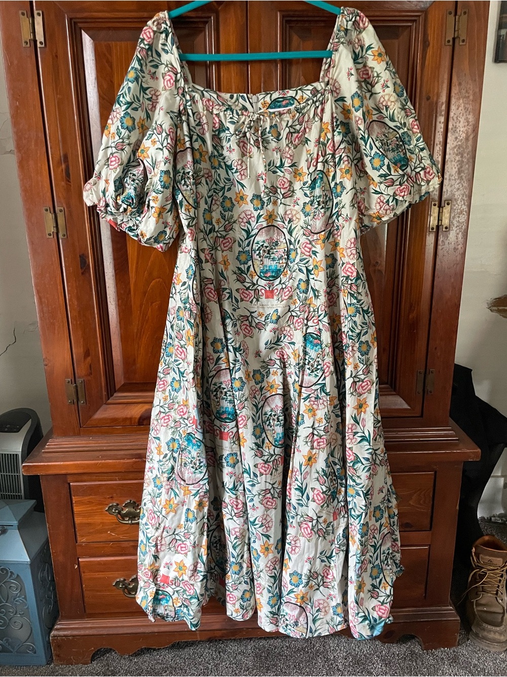 Selkie Cream Maxi Dress with Pink, Teal & Yellow Floral Print